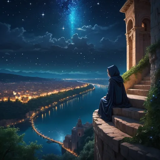 Prompt: A beautiful vast city with Byzantine  architectural elements, greenery and waterways and a hooded girl looking down towards it from the top of a high cliff. The deep blue night sky is filled with glimmering stars. The scene gives off a mystical, magical and starry vibe. 