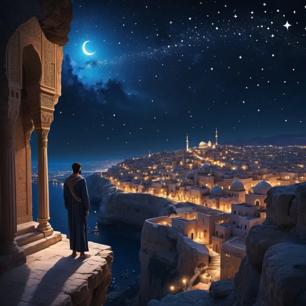 Prompt: A beautiful vast city with Arab and Byzantine  architectural elements combined and a arab guy looking down towards it from the top of a cliff. The deep blue night sky is filled with glimmering stars. The scene gives off a mystical, magical and starry vibe.