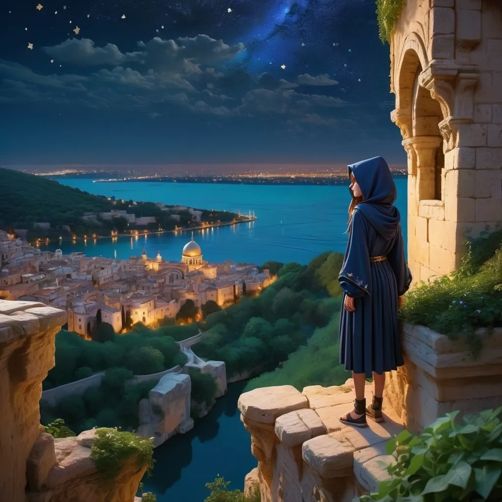 Prompt: A beautiful vast city with Byzantine  architectural elements, greenery and waterways and a hooded girl looking down towards it from the top of a high cliff. The deep blue night sky is filled with glimmering stars. The scene gives off a mystical, magical and starry vibe. 