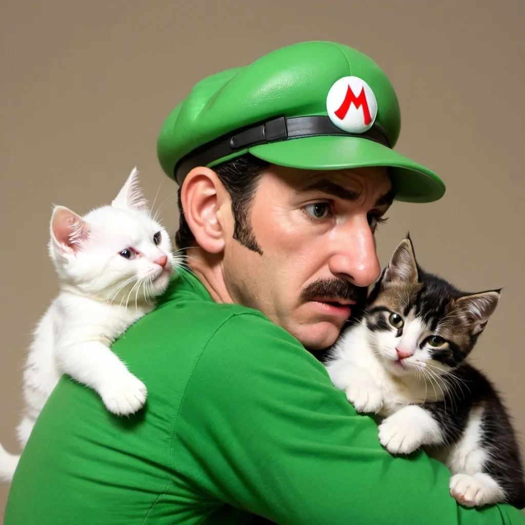 Prompt: Luigi from "Super Mario Bros." is being comforted by kittens. His hat has a green L on it. Luigi has been having a hard time recently and he is crying. Weeping.