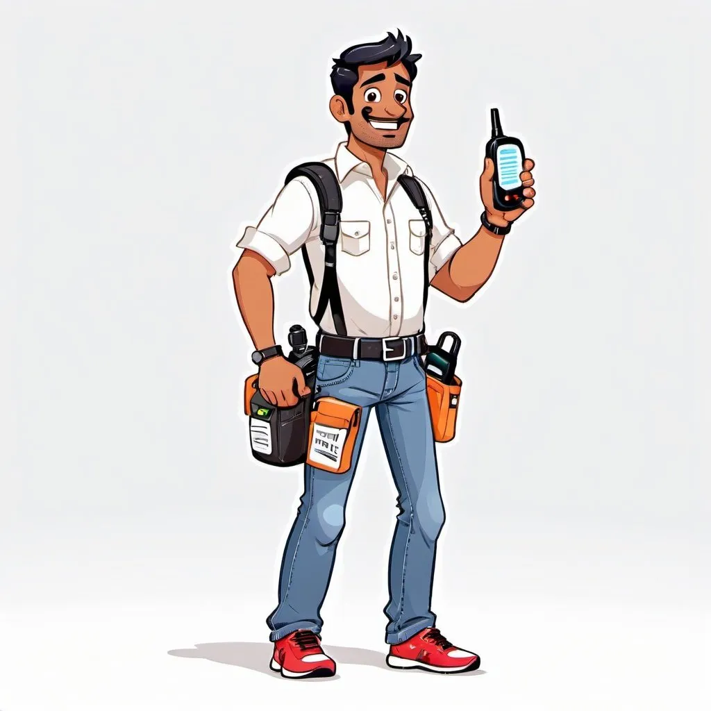 Prompt: A man from Mumbai, India, wearing jeans and full shirt with sports shoes havibg a walkie talkie on him wearing a belt pouch with multiple typerls of sticky tapes tied on his belt. This will be an animated character standing with white background. Very enthusiastic and cheerful 