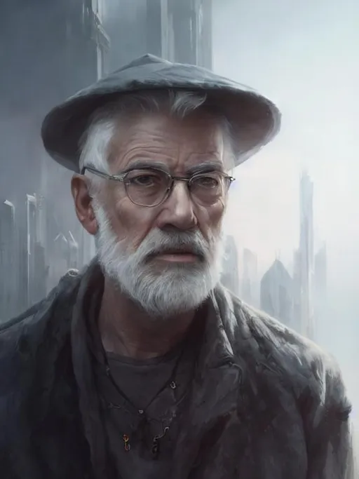 Prompt: Portrait with steel greyhair and with serious face, in a future cityscape, perfect composition, hyperrealistic, super detailed, 8k, high quality, trending art, trending on artstation, sharp focus, studio photo, intricate details, highly detailed, by greg rutkowski