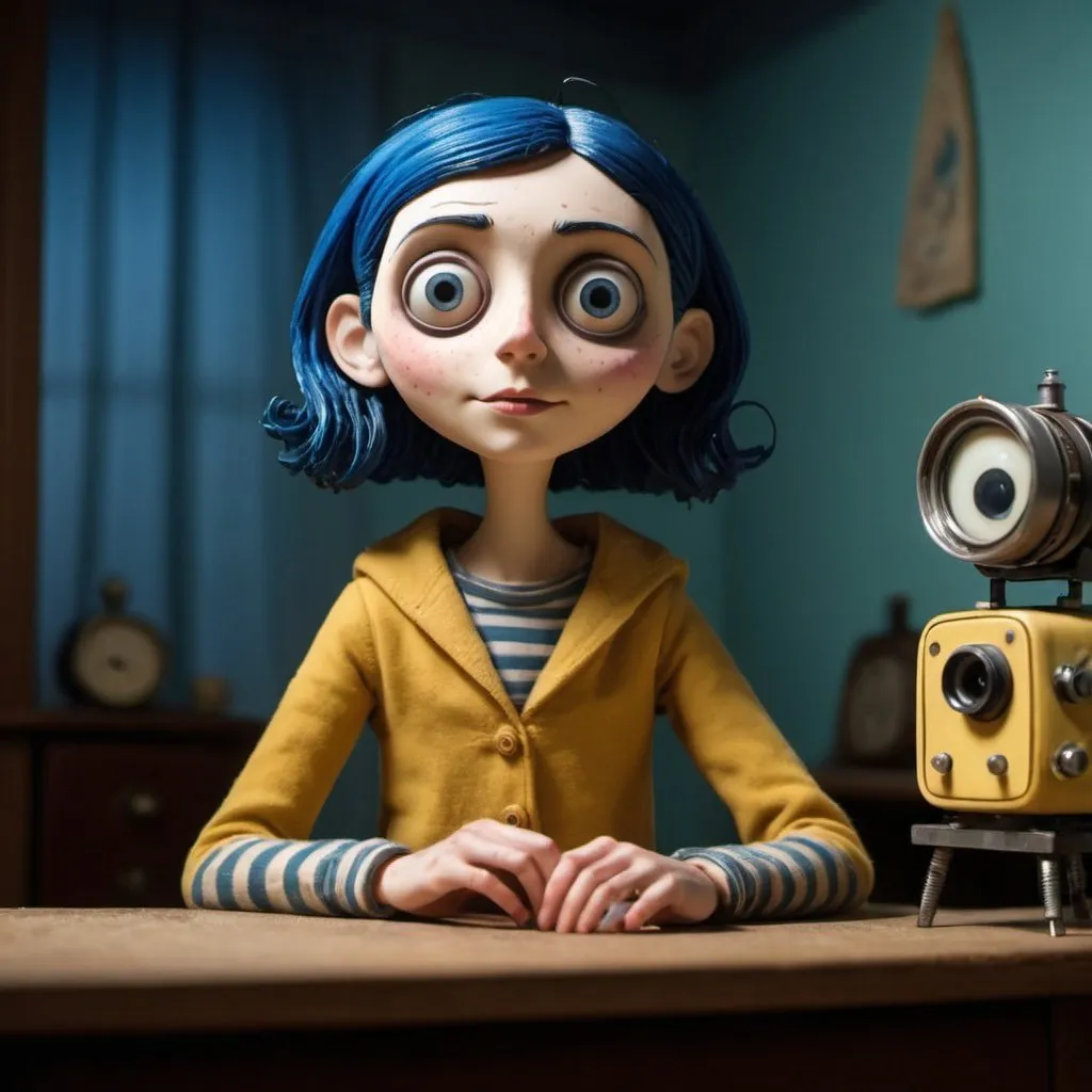 Prompt: Create a character reminiscent of Coraline in the style of the 1950s, filmed with Panavision, as if it were an old movie.
