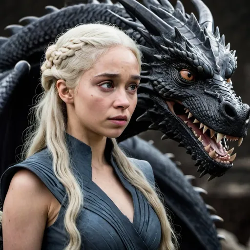 Prompt: A Targaryen woman resembling Daenerys Targaryen beside a black dragon, with her eyes closed.