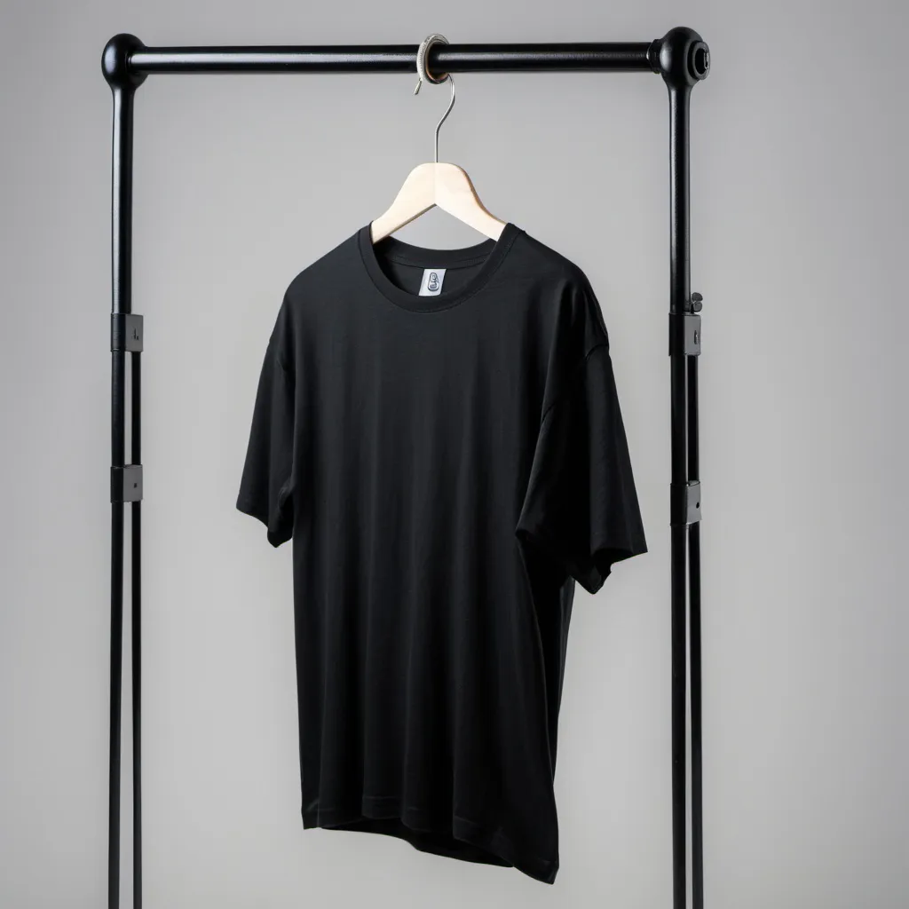 Prompt: Make a black half sleeve crew neck premium oversized tshirt hanging on a T-shirt stand.