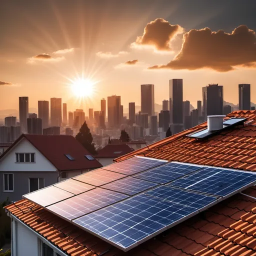 Prompt: home, solar panel ,save money,sunset, city