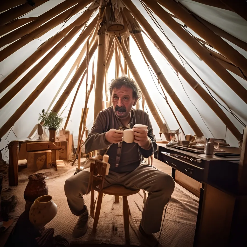 Prompt: A crazy serbian screenwriter playing the theremin and drinking coffee inside a self built wooden teepee on his birthday 