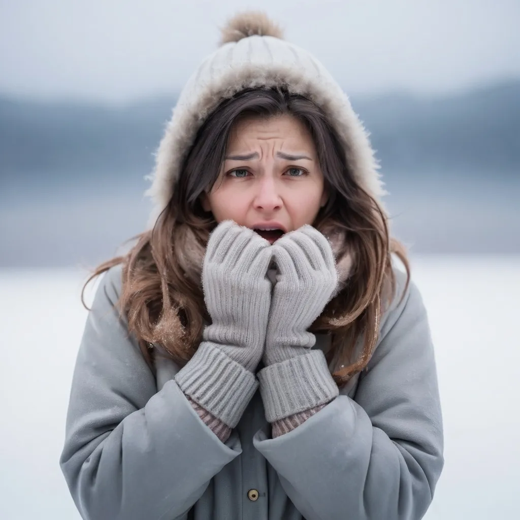 Prompt: A women freezing in the cold