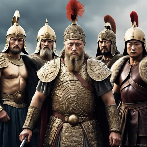 Prompt: Ragnar Lodbrok, Alexander the Great, Scipio Africanus, Alexander Nevsky and Liu Che