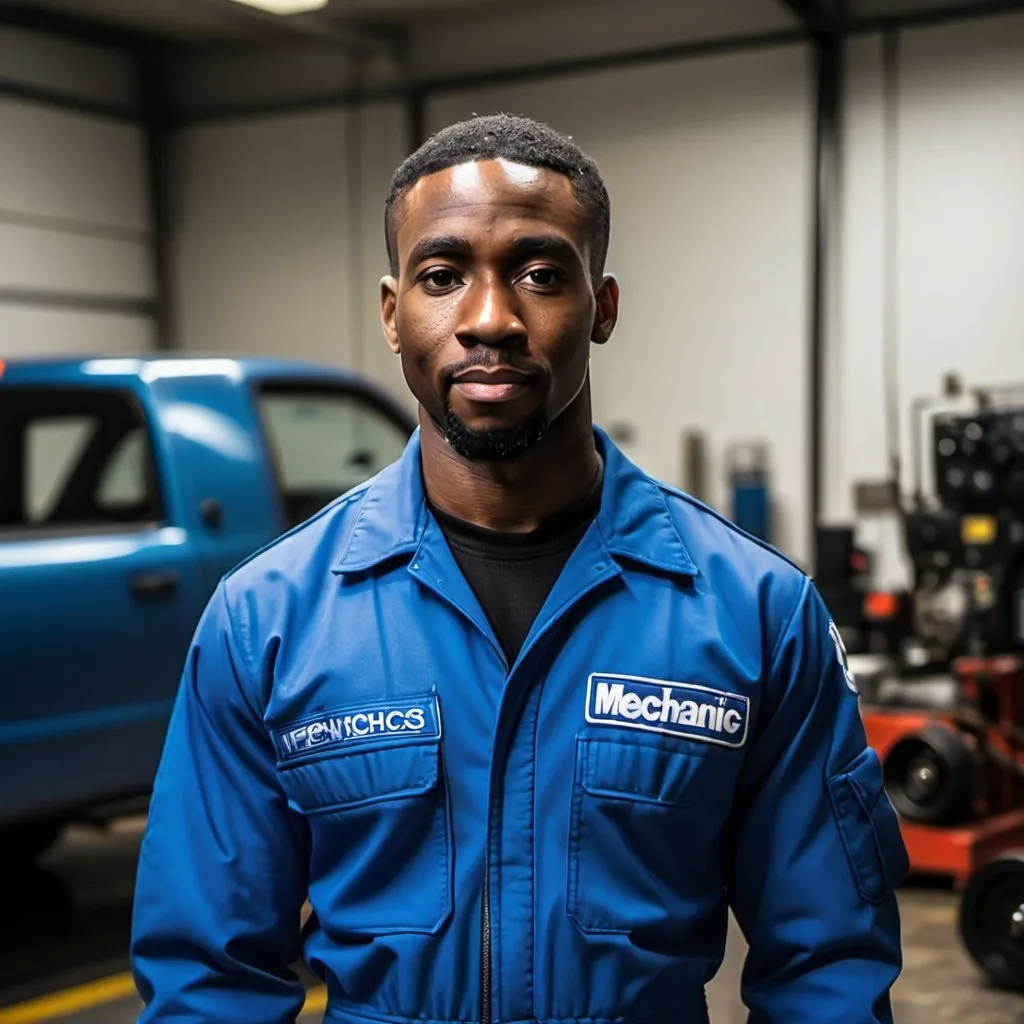 Prompt: Black Male wearing a blue mechanics jumpsuit