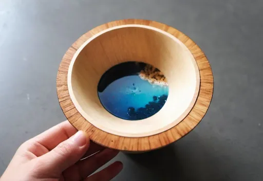 Prompt: PUT THIS PHOTO INTO A MOCKUP, THIS IS A 2-LAYER WOODEN CUP liner WITH RESIN PLACED ON A TABLE (SIZE 9CMX 9CM)