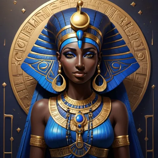 Prompt: Goddess Isis with black skin in rich, silk, Egyptian blue and gold gowns and crescent moon on her head. 
