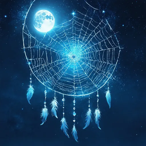 Prompt: A digital painting of a gigantic spider web, styled as a dreamcatcher, glistening in the moonlight, with the moon's silvery light casting a soft glow on it. The web features circular patterns with smaller inner circles, resembling the traditional structure of a dreamcatcher, adorned with dew drops that sparkle like tiny stars, and gems and crystals hang down. Surrounding the web, ethereal feathers and beads dangle gracefully, swaying gently in the night breeze. In the background, a serene night sky filled with twinkling stars and a luminous full moon creates a mystical atmosphere. The entire scene is bathed in a cool, soft blue light, enhancing the dreamlike quality of the image