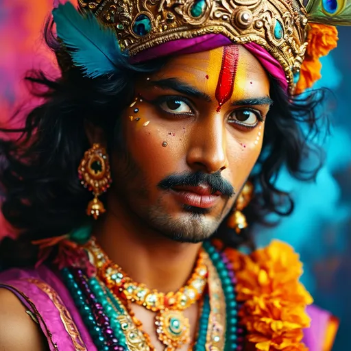 Prompt: Krishna, painting, illustration, vibrant, cinematic, photo, portrait photography, fashion