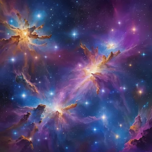 Prompt:  Constellation of Orion falling from the nigh sky, chased by the Seven Sisters of the Pleiades down into the Underworld. The sky is exploding with a million psychedelic stars and the Milky Way. 