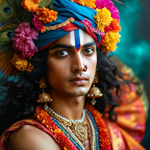 Prompt: Krishna, painting, illustration, vibrant, cinematic, photo, portrait photography, fashion