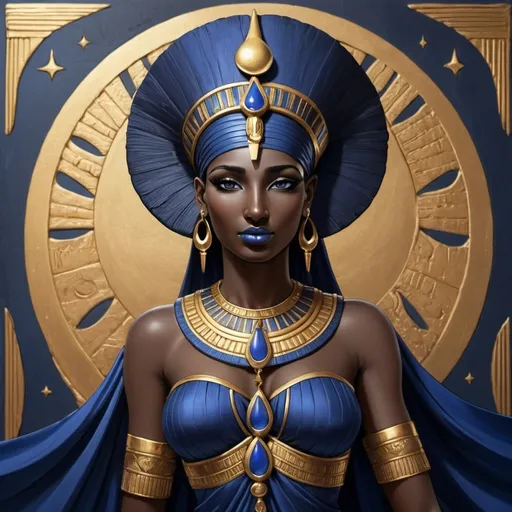 Prompt: Goddess Isis with black skin in rich, silk, Egyptian blue and gold gowns and crescent moon on her head. 
