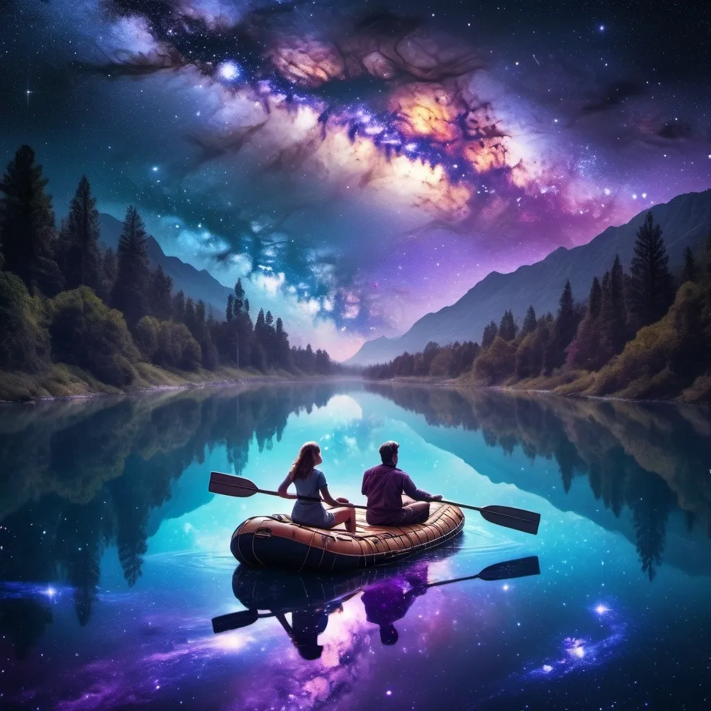 Prompt: A man and woman riding on a raft through the Milky Way 