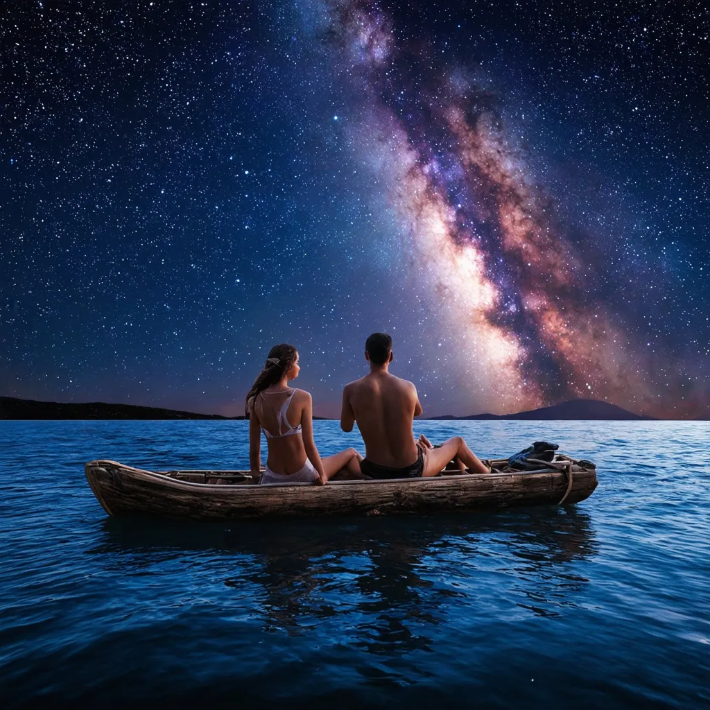 Prompt: A man and woman riding on a wooden raft through the stars of the Milky Way 