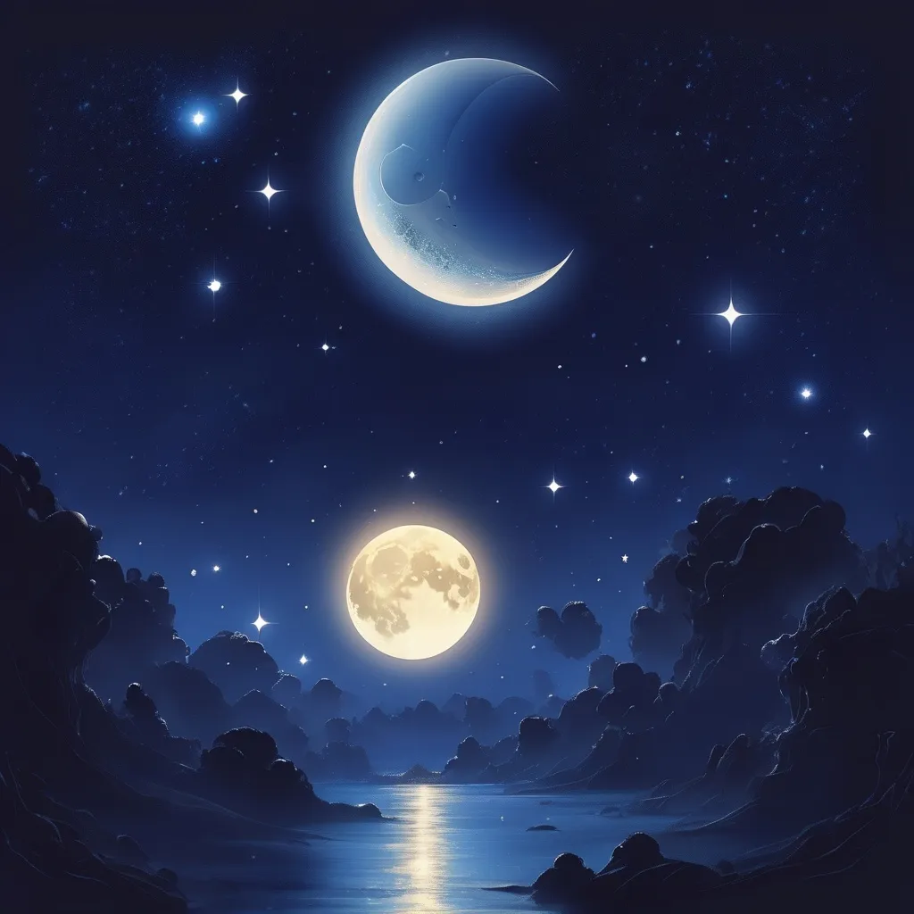 Prompt: moon and sparkling stars and planets in dark blue night sky 