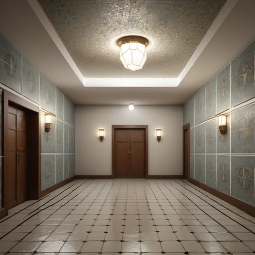 Prompt: a large room with a door and a tiled floor and walls with a light fixture on the ceiling and a light fixture on the wall, Afewerk Tekle, hurufiyya, open ceiling, a digital rendering