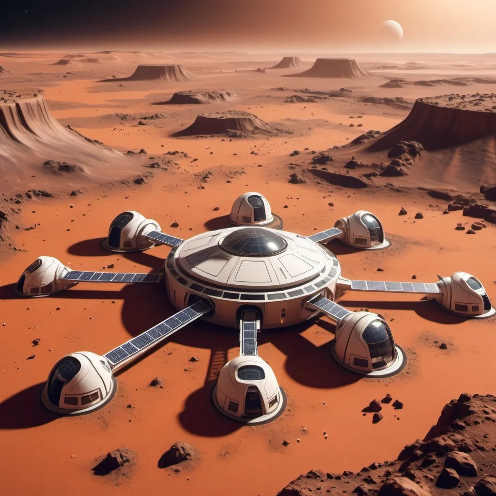 Prompt: an inhabited large town on Mars in the year 2095+Realistic Spacecraft Orbiting mars 2095