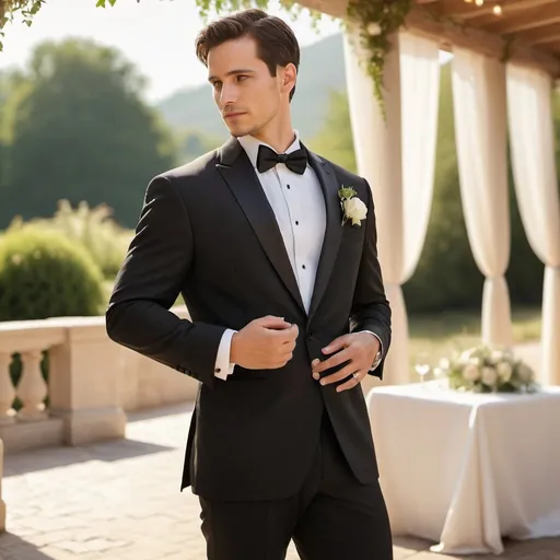 Prompt: Outdoor wedding scene, man in tuxedo, gold wedding ring, left hand touching lapel, natural lighting, high quality, realistic rendering, elegant setting, detailed fabric textures, romantic atmosphere, formal attire, emotional expression, vibrant outdoor setting