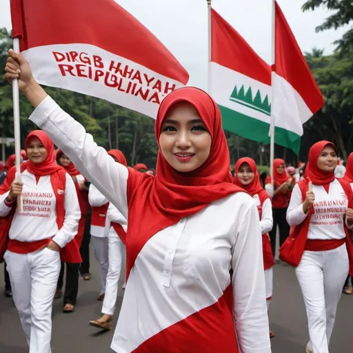 Prompt: Seorang wanita sedang berdiri dan ditangannya memagang bendera berwarna merah diatas dan putih dibawah. Dia memakai baju berwarna merah dan celana panjang berwarna putih. Dan memakain hijab berwarna merah. Dibelakangnya bertuliskan Dirgahayu Republik Idonesia 79th