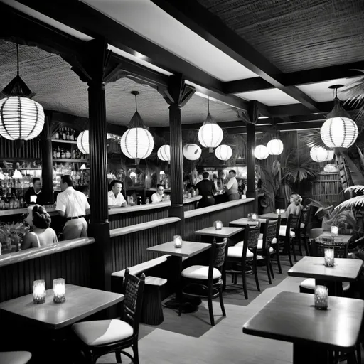 Prompt: Black and white 1950s interior photo of a big Tiki bar, exotic beautiful  women in  grass skirts, many customers, lush plants, intricate elaborate wood carvings, eerie lighting, vintage, detailed carvings, pirate ship look, retro, mysterious atmosphere, vintage, eerie lighting, exotic, professional quality, high-res, detailed, vintage, eerie ambiance, many customers eating at tables, porcupine fish lamps