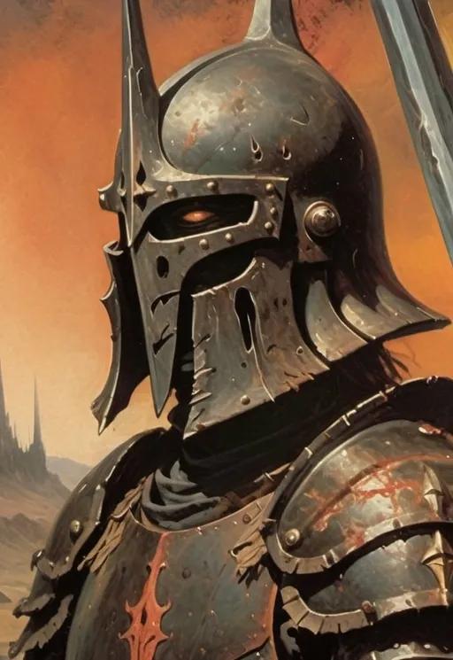 Prompt: Close up highly detailed oil painting of wandering warrior wearing sauron like sharp tribalistic black armor with dents and sword scratches and marks, 80’s retro style painting, pulp style