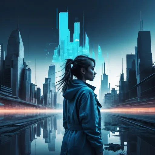 Prompt: Create image of Futuristic city landscape with blue pallet and collapsing timeline and some sort of glitches with a central character as silhouette of girl facing the back