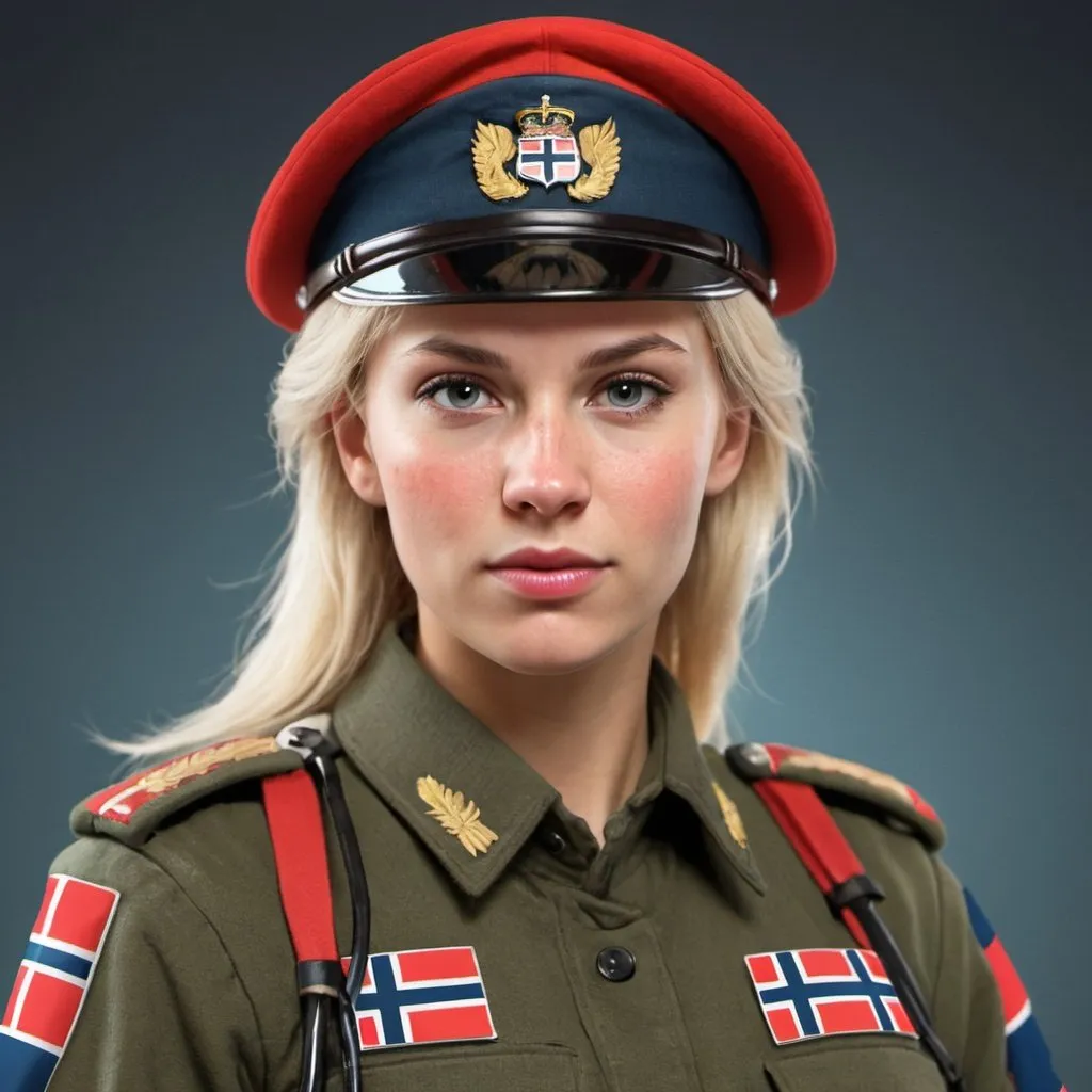 Prompt: Create a female Norwegian soldier from the 1980s
