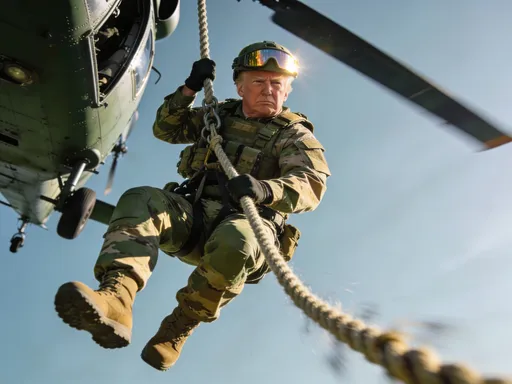 Prompt: Trump ina soldier uniform repelling down a rope