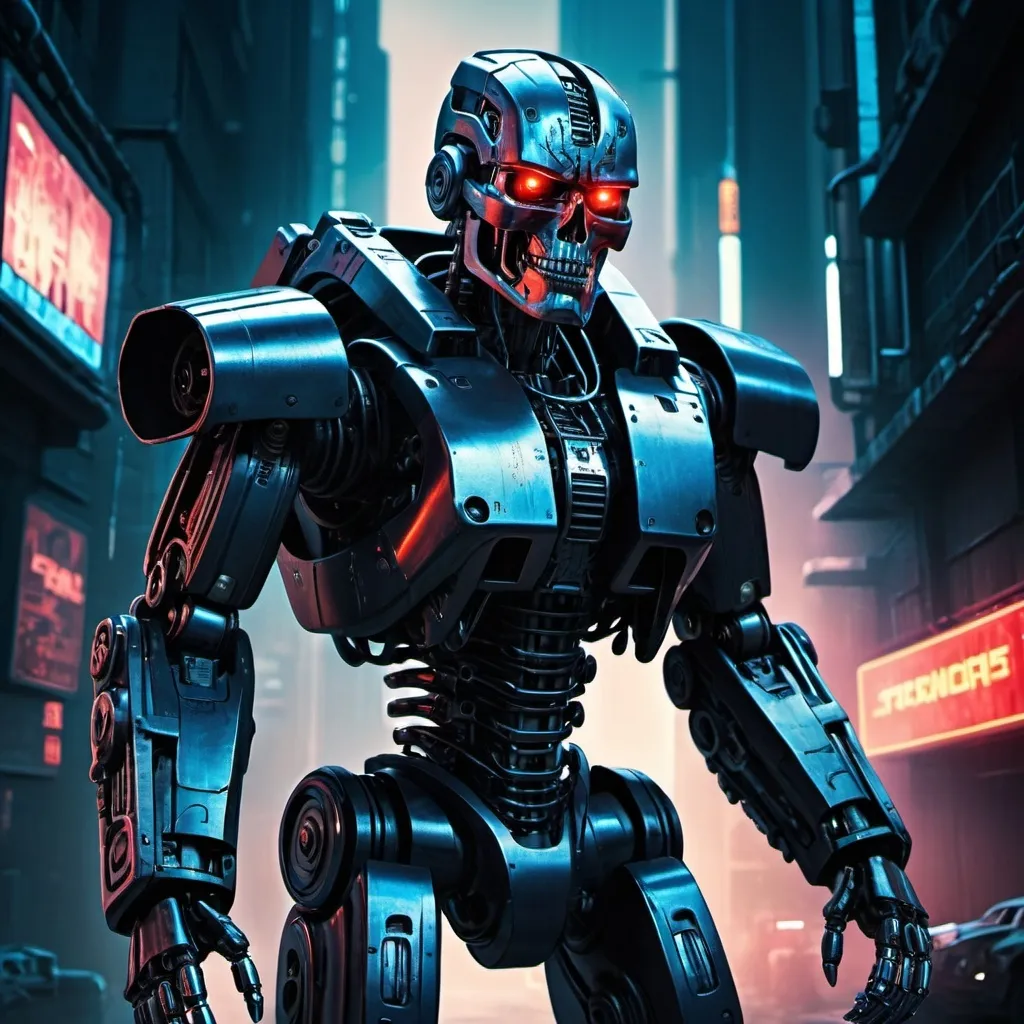 Prompt: Armed Terminator robot poster and place text in the bottom: "Heavy machines, without guidance!"