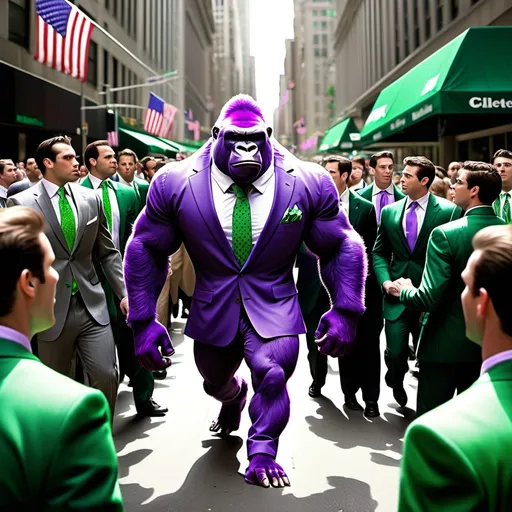 Prompt: The Setting: Wall Street packed with excited Bulls dressed in suits and a lively atmosphere. The street is filled with people, and the court is bright and vibrant

The Characters:

The Purple Gorilla: A huge, muscular gorilla, fur entirely in a rich purple hue, wearing a Boston Celtics jersey (green with white accents, featuring the iconic shamrock logo on the shorts) riding a Massive red rhino in battle armor. The Rhino is also muscular with a $ Pendant on a Cuban link gold chain Their expressions are intense and battle-ready, exuding an aura of power. Show people in New York clearing a path getting out the way.