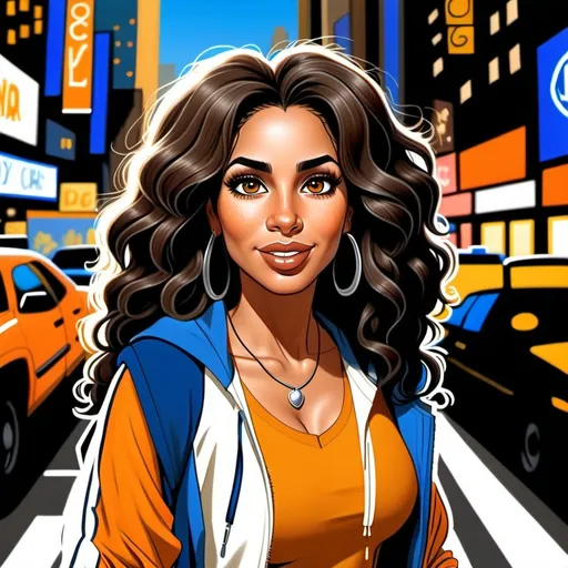 Prompt: Cartoon comic book style art, fantasy drawing, anime, animation, cartoon. A gorgeous and beautiful tan skin Latina in her mid30s who resembles Cher with large light brown eyes, dimples, high cheek bones, and thin imperfect eyebrows, very long dark brown wavy slightly curly hair down to her waist, extremely thick big thighs, gorgeous, 155lbs, standing or squatting  with her two biracial little boys. Include the boots in the drawing. 10-year-old boy has brown skin, gorgeous face, perfect eyebrows, cute nose, and beautiful coiled big hair that grows on a big afro. The 7-year-old is tan skin, beautiful face, long eyelashes, full lips, with straight dark brown hair that goes down to his neck. The three of them are wearing New York Knicks colors with wheat colored Timberland boots. Mom is wearing big hoop earrings with blue and orange top. They're standing in a busy NYC street at night.  Entire body could be seen. City lights. Excitement. Blue and orange. Highly detailed. Comic style. HD. SDXL. Urban street appeal. 