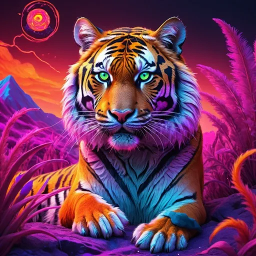 Prompt: Tiger in Takis-inspired surreal landscape, vibrant and fiery, detailed fur patterns with neon accents, mystical and ethereal, high quality, digital art, surreal, vibrant colors, neon lighting, surreal landscape, detailed fur, mystical, fiery, fantasy