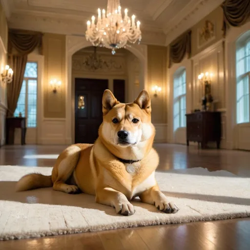 Prompt: Hybrid doge chilling on the floor with great lighting and a mansion.
