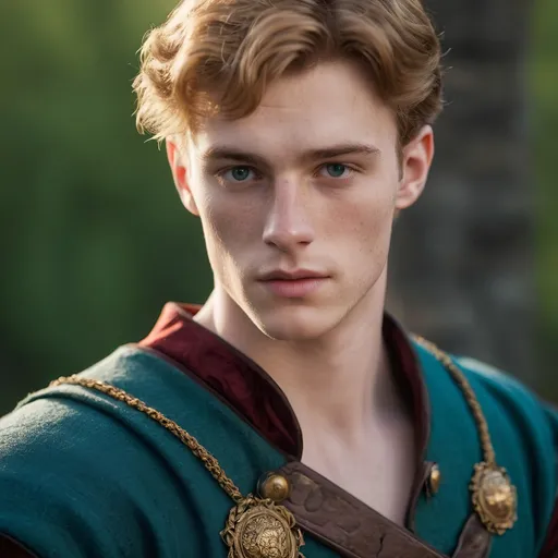Prompt: Photography of charming handsome noble man from 16th century, all body seen, standing with sword, hand on his sword, masculine athletic body shape, smaragd green shirt with buttons, noble clothes, wide chest, thin waist, 20 years old, Rennaisance, blond SHORT hair, wavy hair, blue-greyish eyes far apart, big eyes, puppy eyes, heart face shape, pale skin, some freckles, light eyebrows, kind eyes, shy, shadow in his eyes, very handsome, athletic figure, HIGHER RESOLUTION, 8k, MAN, MALE, HANDSOME MAN, detailed eyes, bigger eyes, shadow in face, a bit sad look, serious eyes, serious look, look in my eyes, realistic detail, DETAILED 8K EYES, the same face as the original picture, DETAILED PUPILS, standing on the empty field, cloudy sky behind him.