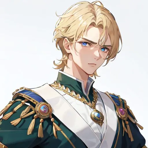 Prompt: Handsome noble man from 16th century, all body seen, standing with sword, hand on his sword, masculine athletic body shape, smaragd green shirt with buttons, noble clothes, 20 years old, naive, unmature expression, rennesance, blond SHORT hair, wavy hair, blue eyes, pale skin, shadow in his eyes, very handsome, athletic figure, masculine features, masculine face, sharp features, masculine face, HIGHER RESOLUTION, 8k, MAN, MALE, HANDSOME MAN, detailed eyes, bigger eyes, shadow in face, a bit sad look, serious eyes, WARP EXPRESSION, less elegance, shy and childish eyes, serious look, look in my eyes, realistic detail, DETAILED 8K EYES, the same face as the original picture, DETAILED PUPILS.