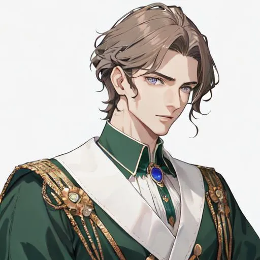 Prompt: Handsome noble man from 16th century, photography, latest technology photo, masculine athletic body shape, smaragd green shirt with buttons, noble clothes, wide chest, thin waist, 40 years old, rennesance, brunette SHORT hair, wavy hair, grey eyes, pale skin, shadow in his eyes, very handsome, athletic figure, masculine features, masculine face, sharp features, masculine face, HIGHER RESOLUTION, 8k, MAN, MALE, HANDSOME MAN, detailed eyes, bigger eyes, shadow in face, a bit amused, warm eyes, serious look, look in my eyes, realistic detail, DETAILED 8K EYES, the same face as the original picture, DETAILED PUPILS.