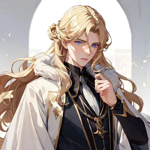 Prompt: Handsome noble man from 16th century, 20 years old, rennesance, blond middle lenght hair, wavy hair, blue eyes, pale skin, shadow in his eyes, very hsndsome, athletic figure, masculine features, gentleface, shy,  HIGHER RESOLUTION, 8k, MAN, MALE, HANDSOME MAN, detailed eyes, bigger eyes, shadow in face, passionate look, look in my eyes, realistic detail