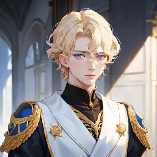 Prompt: Handsome noble man from 16th century, 20 years old, rennesance, blond SHORT hair, wavy hair, blue eyes, pale skin, shadow in his eyes, very handsome, athletic figure, masculine features, gentle face, sharp features, masculine face, shy, HIGHER RESOLUTION, 8k, MAN, MALE, HANDSOME MAN, detailed eyes, bigger eyes, shadow in face, passionate but sad look, serious eyes, serious look, look in my eyes, realistic detail