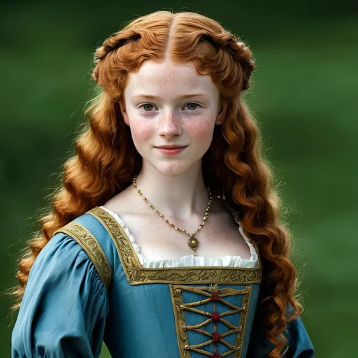 Prompt: Beautiful 16th century woman, 15 years old, courtisan, beautiful noble Renaissance dress, ginger hair, freckles, wavy hair. 