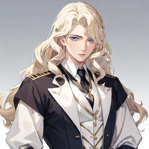 Prompt: Handsome noble man from 16th century, 20 years old, rennesance, blond middle hair to shoulders, wavy hair, blue eyes, pale skin, shadow in his eyes, very handsome, athletic figure, masculine features, gentleface, shy,  HIGHER RESOLUTION, 8k, MAN, MALE, HANDSOME MAN, detailed eyes, bigger eyes, shadow in face, passionate look, look in my eyes, realistic detail
