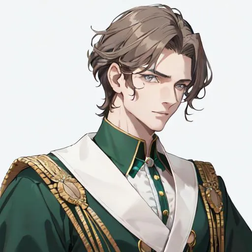 Prompt: Handsome noble man from 16th century, photography, latest technology photo, masculine athletic body shape, smaragd green shirt with buttons, noble clothes, wide chest, thin waist, 40 years old, rennesance, brunette SHORT hair, wavy hair, grey eyes, pale skin, shadow in his eyes, very handsome, athletic figure, masculine features, masculine face, sharp features, masculine face, HIGHER RESOLUTION, 8k, MAN, MALE, HANDSOME MAN, detailed eyes, bigger eyes, shadow in face, a bit sad look, serious eyes, serious look, look in my eyes, realistic detail, DETAILED 8K EYES, the same face as the original picture, DETAILED PUPILS.