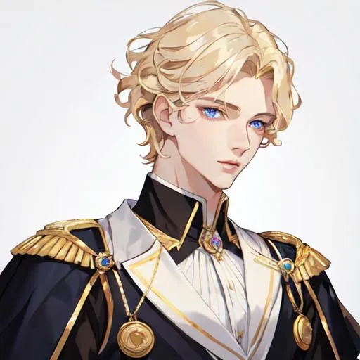 Prompt: Handsome noble man from 16th century, 20 years old, rennesance, blond SHORT hair, wavy hair, blue eyes, pale skin, shadow in his eyes, very handsome, athletic figure, masculine features, gentle face, sharp features, masculine face, HIGHER RESOLUTION, 8k, MAN, MALE, HANDSOME MAN, detailed eyes, bigger eyes, shadow in face, a bit sad look, serious eyes, serious look, look in my eyes, realistic detail, DETAILED 8K EYES