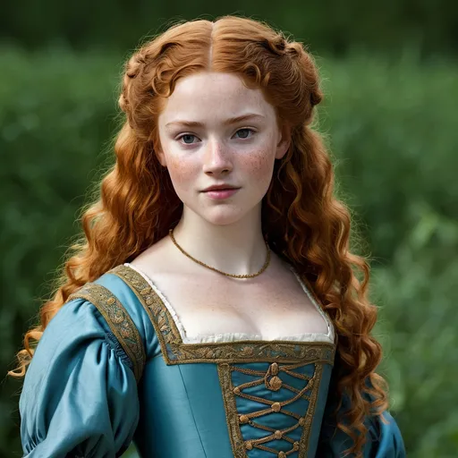 Prompt: Beautiful 16th century woman, 15 years old, courtisan, beautiful noble Renaissance dress, ginger hair, freckles, wavy hair, all figure with dress seen, detailed dress. 
