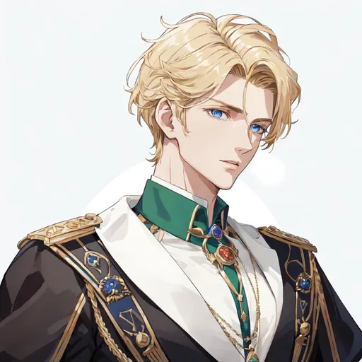 Prompt: Handsome noble man from 16th century, photography, latest technology photo, masculine athletic body shape, smaragd green shirt with buttons, noble clothes, wide chest, thin waist, 20 years old, rennesance, blond SHORT hair, wavy hair, blue eyes, pale skin, shadow in his eyes, very handsome, athletic figure, masculine features, masculine face, sharp features, masculine face, HIGHER RESOLUTION, 8k, MAN, MALE, HANDSOME MAN, detailed eyes, bigger eyes, shadow in face, a bit sad look, serious eyes, serious look, look in my eyes, realistic detail, DETAILED 8K EYES, the same face as the original picture, DETAILED PUPILS.