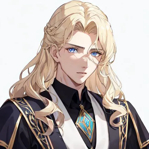 Prompt: Handsome noble man from 16th century, 20 years old, rennesance, blond middle hair to shoulders, wavy hair, blue eyes, pale skin, shadow in his eyes, very handsome, athletic figure, masculine features, gentleface, shy,  HIGHER RESOLUTION, 8k, MAN, MALE, HANDSOME MAN, detailed eyes, bigger eyes, shadow in face, passionate but sad look, serious eyes, serious look, look in my eyes, realistic detail